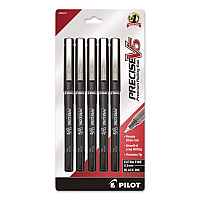 Pilot Precise V5 Rollerball Pen, Stick, Extra-Fine 0.5 mm, Black Ink, Black/Clear Barrel, 5/Pack (26010)
