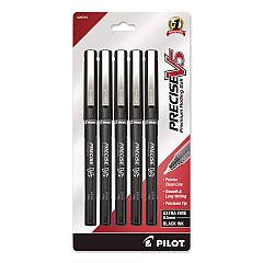 Pilot Precise V5 Rollerball Pen, Stick, Extra-Fine 0.5 mm, Black Ink, Black/Clear Barrel, 5/Pack (26010)