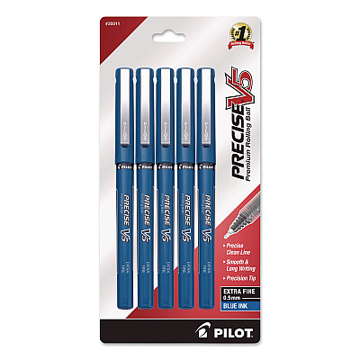 Pilot Precise V5 Rollerball Pen, Stick, Extra-Fine 0.5 mm, Blue Ink, Blue/Clear Barrel, 5/Pack (26011)
