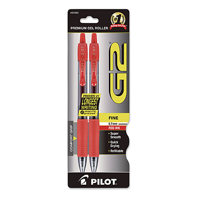 Pilot G2 Premium Gel Pen, Retractable, Fine 0.7 mm, Red Ink, Smoke/Red Barrel, 2/Pack (31033)