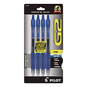 Pilot G2 Premium Gel Pen, Retractable, Fine 0.7 mm, Blue Ink, Smoke/Blue Barrel, 4/Pack (31058)