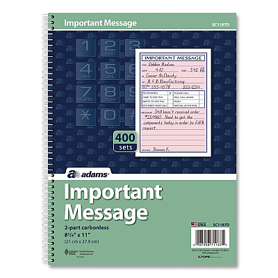 Adams Important Message Book, Two-Part Carbonless, 4 Forms/Sheet, 400 Forms Total (SC1187D)