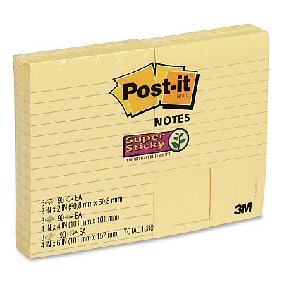 Post-it Notes Super Sticky Canary Yellow Pads Combo Pack, (6) Unruled 1.88 x 1.88, (3) Note Ruled 4 x 4, (3) Note Ruled 4 x 6, 90 Sheets/Pad, 12 Pads/PK (2937240)