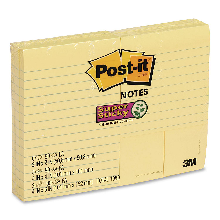 Post-it Notes Super Sticky Canary Yellow Pads Combo Pack, (6) Unruled 1.88 x 1.88, (3) Note Ruled 4 x 4, (3) Note Ruled 4 x 6, 90 Sheets/Pad, 12 Pads/PK (2937240)