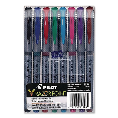 Pilot V Razor Point Liquid Ink Porous Point Pen, Stick, Extra-Fine 0.5 mm, Assorted Ink and Barrel Colors, 8/Pack (11008)