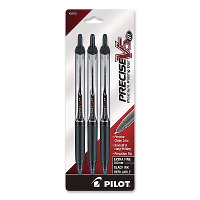 Pilot Precise V5RT Roller Ball Pen, Retractable, Extra-Fine 0.5 mm, Black Ink, Black/Silver Barrel, 3/Pack (26052)