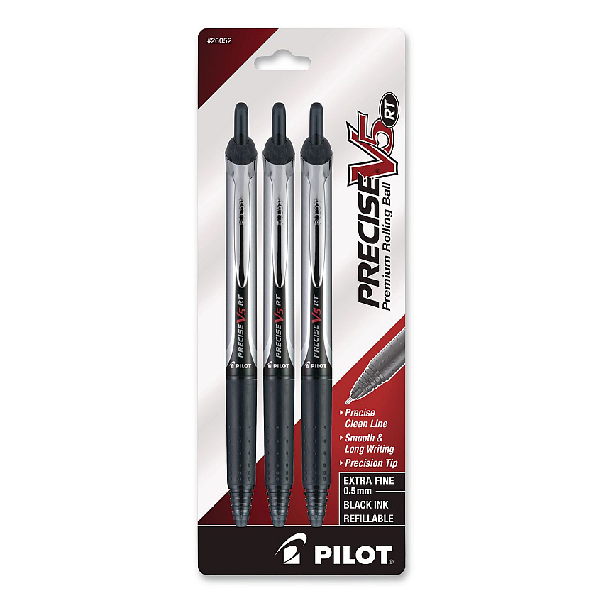 Pilot Precise V5RT Roller Ball Pen, Retractable, Extra-Fine 0.5 mm, Black Ink, Black/Silver Barrel, 3/Pack (26052)