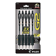 Pilot G2 Premium Gel Pen, Retractable, Extra-Fine 0.5 mm, Black Ink, Clear/Black Barrel, 5/Pack (31173)