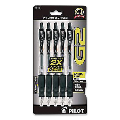 Pilot G2 Premium Gel Pen, Retractable, Extra-Fine 0.5 mm, Black Ink, Clear/Black Barrel, 5/Pack (31173)