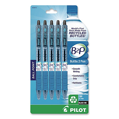 Pilot B2P Bottle-to-Pen Recycled Ballpoint Pen, Retractable, Fine 0.7 mm, Black Ink, Translucent Blue Barrel, 5/Pack (32612)