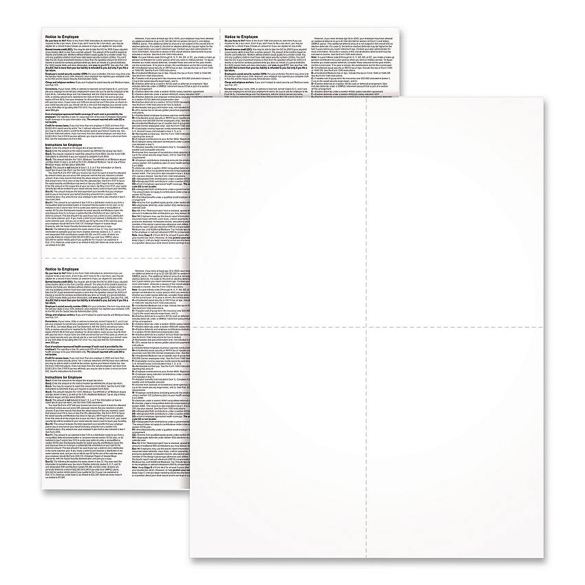 Adams 2024 W-2 4-Up Employee Copy Blank Front with Copy B and C Backers 8.5 x 3.66, 4 Forms/Sheet, 100 Forms Total (411968)