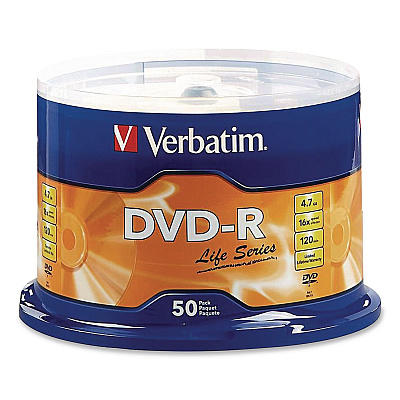 Verbatim DVD-R LifeSeries Disc, 4.7 GB, 16x, Spindle, Silver, 50/Pack (97176)