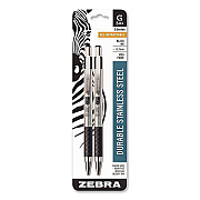 Zebra G-301 Gel Pen, Retractable, Medium 0.7 mm, Black Ink, Stainless Steel/Black Barrel, 2/Pack (41312)