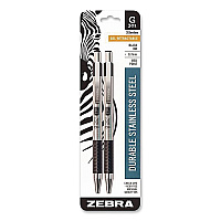 Zebra G-301 Gel Pen, Retractable, Medium 0.7 mm, Black Ink, Stainless Steel/Black Barrel, 2/Pack (41312)