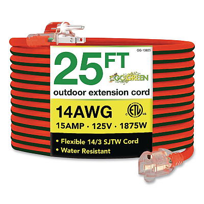 GoGreen Power 14 AWG Lighted End Heavy-Duty Extension Cord, 25 ft, 15 A, Orange/Black (GG13825)
