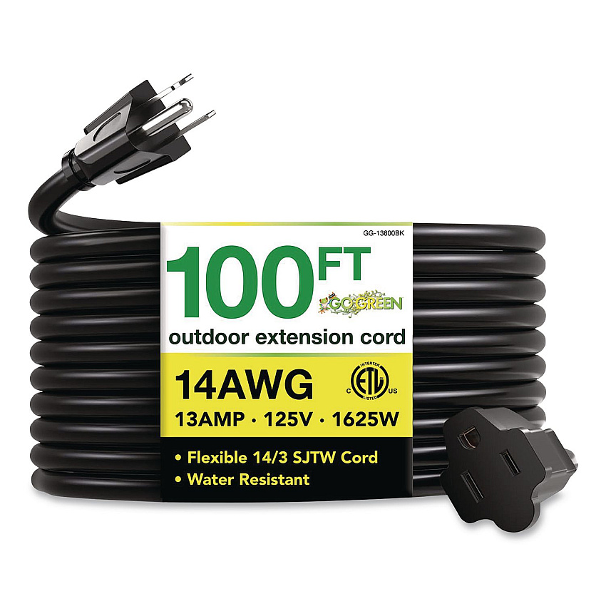 GoGreen Power 14 AWG Heavy-Duty Extension Cord, 100 ft, 13 A, Black (GG13800BK)