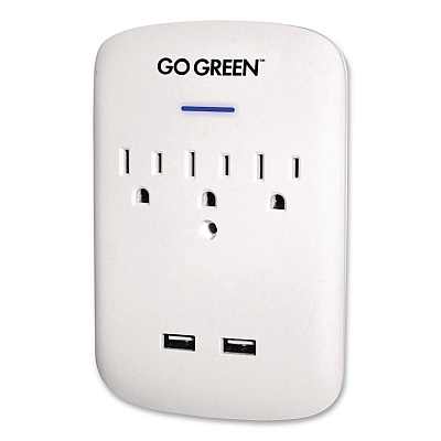 GoGreen Power 3 Outlet 2 USB Wall Tap, 735 J, White (GG13000USB2)