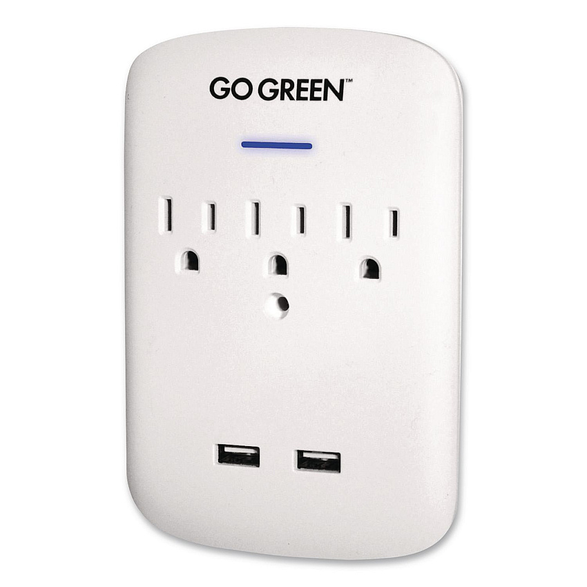 GoGreen Power 3 Outlet 2 USB Wall Tap, 735 J, White (GG13000USB2)