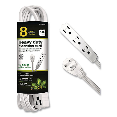 GoGreen Power 3 Outlet Indoor Extension Cord, 8 ft, 13 A, White (GG19608)