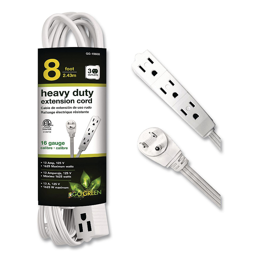 GoGreen Power 3 Outlet Indoor Extension Cord, 8 ft, 13 A, White (GG19608)