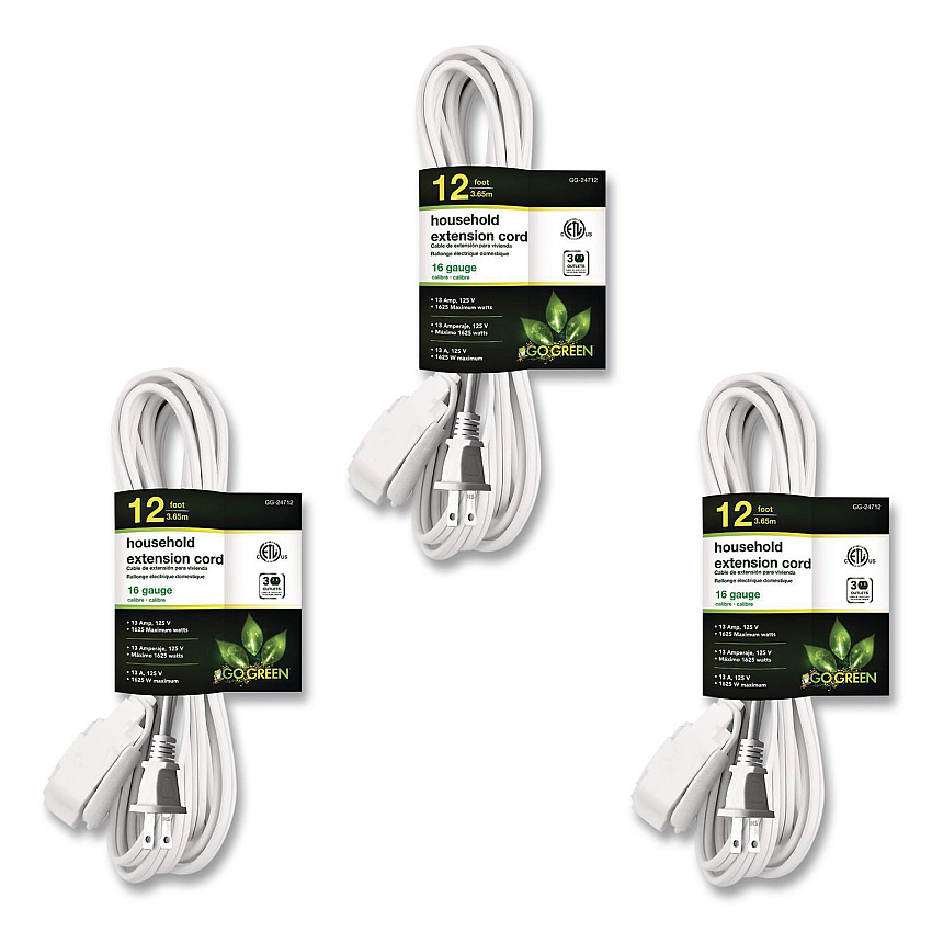 GoGreen Power Household Extension Cord, 12 ft, 13 A, White, 3/Pack (GG247123)