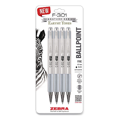 Zebra F-301 Signature Series Earthy Tones Ballpoint Pen, Retractable, Fine 0.7 mm, Black Ink, Pewter Barrel, 4/Pack (27214)
