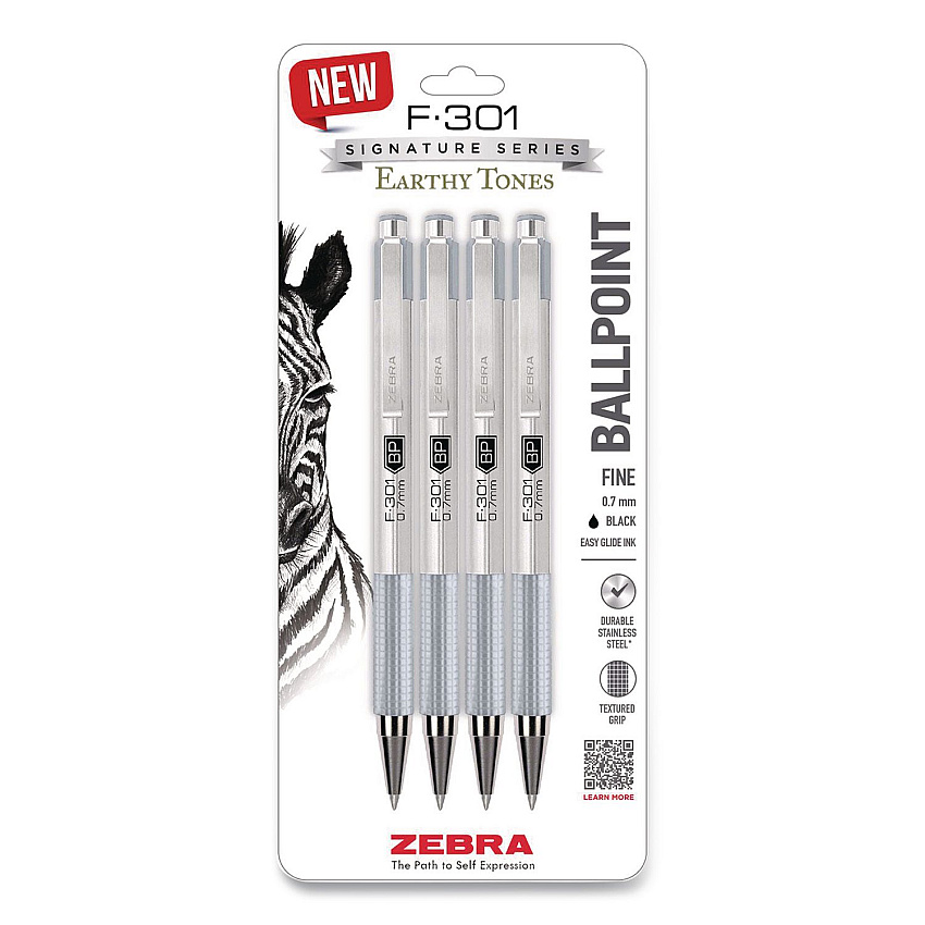 Zebra F-301 Signature Series Earthy Tones Ballpoint Pen, Retractable, Fine 0.7 mm, Black Ink, Pewter Barrel, 4/Pack (27214)
