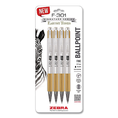 Zebra F-301 Signature Series Earthy Tones Ballpoint Pen, Retractable, Fine 0.7 mm, Black Ink, Sandstone Barrel, 4/Pack (27254)