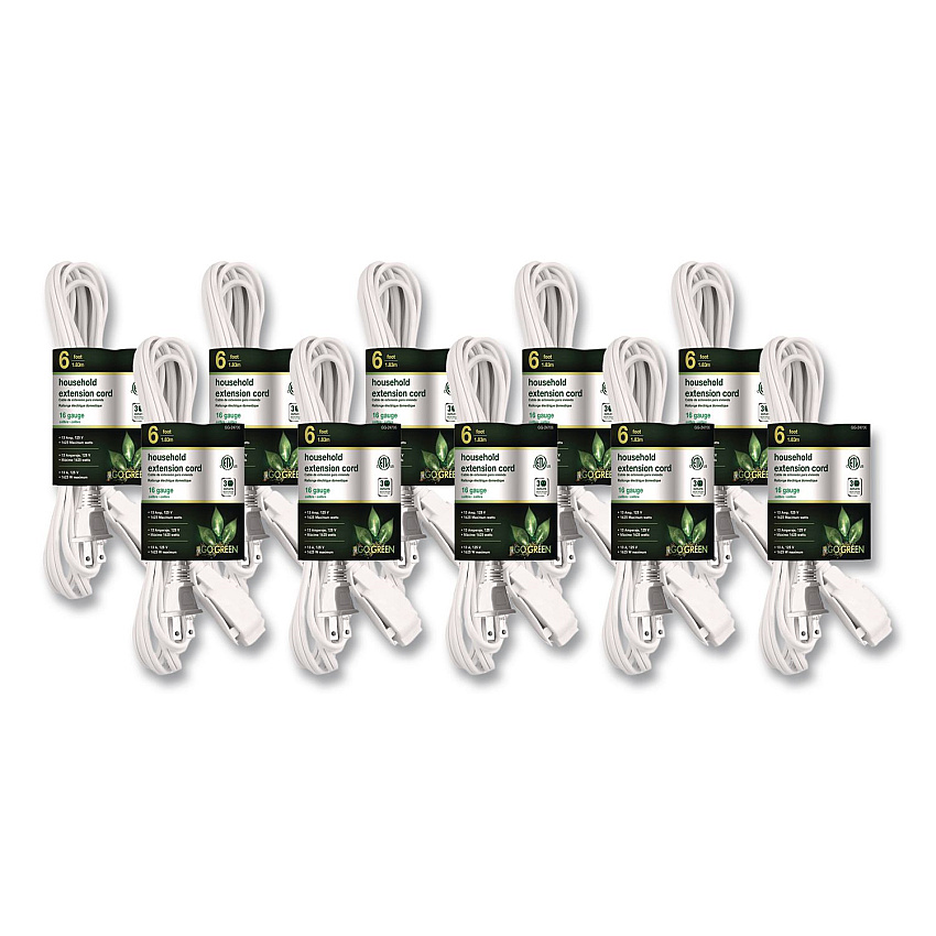 GoGreen Power Household Extension Cord, 6 ft, 13 A, White 10/Pack (GG2470610)