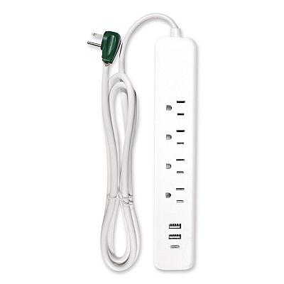 GoGreen Power Four-Outlet Surge Protector with Three USB Ports, 4 ft Cord Length Cord, 450 J, White (GG1462USBC)