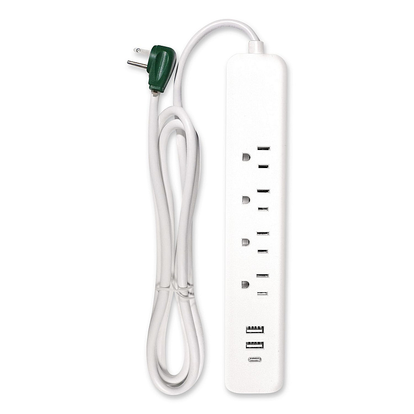 GoGreen Power Four-Outlet Surge Protector with Three USB Ports, 4 ft Cord Length Cord, 450 J, White (GG1462USBC)