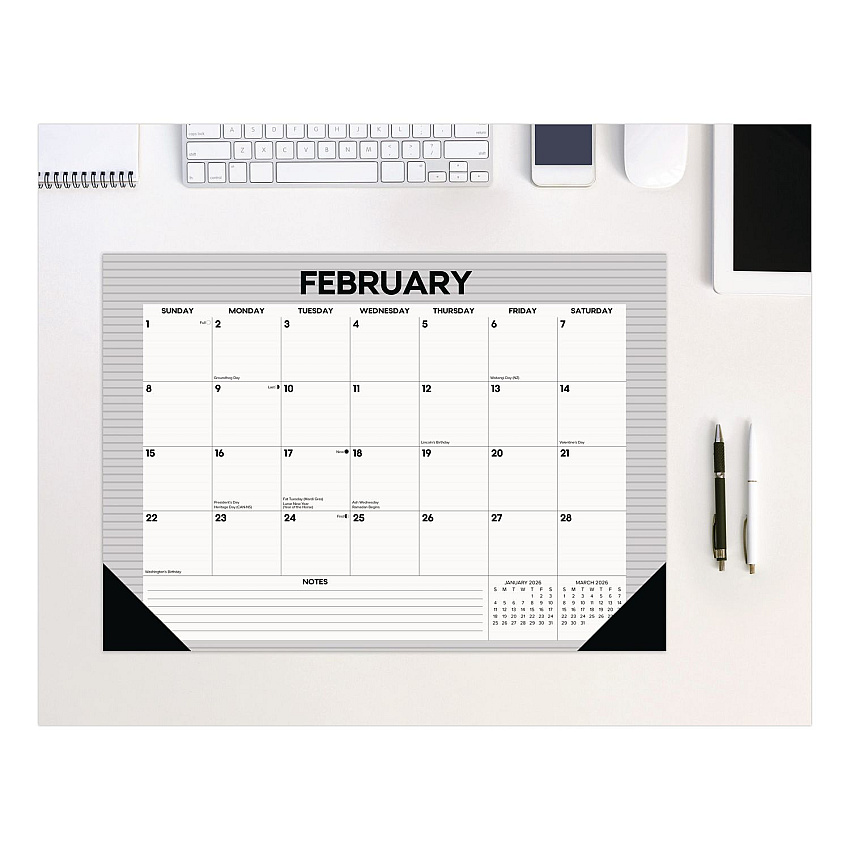 Pinstripe Small Monthly Desk Pad Calendar, 17 x 12, White/Gray Sheets, Black Headband, Black Corners, 12-Month (Jan-Dec) 2026 (57131)