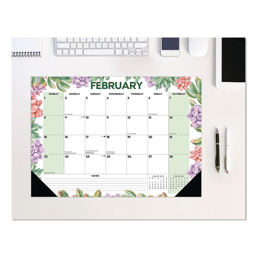 Succulents Small Monthly Desk Pad Calendar, 17 x 12, White Sheets, Black Headband/Corners, 12-Month (Jan to Dec): 2026 (57162)