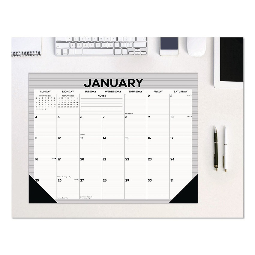 Perfect Pinstripe Large Monthly Desk Pad Calendar, 22x17, White/Gray Sheets, Black Headband/Corners, 12-Month (Jan-Dec) 2026 (57261)