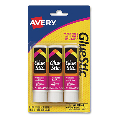 Avery Permanent Glue Stic, 0.26 oz, Applies White, Dries Clear, 3/Pack (00166PK)