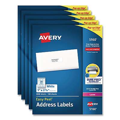 Avery Easy Peel White Address Labels with Sure Feed Technology, Laser, 1 x 2.63, 30/Sheet, 100 Sheets/Pack, 5 Packs/Carton (5160CT)