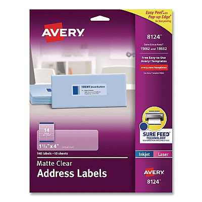 Avery Matte Clear Address Labels with Sure Feed Technology, Inkjet/Laser, 1.33 x 4, 14/Sheet, 10 Sheets/Pack (08124)