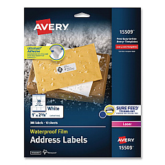 Avery Waterproof Film Address Labels with Sure Feed Technology. Laser, 1 x 2.63, White, 30/Sheet, 10 Sheets/Pack (15509)