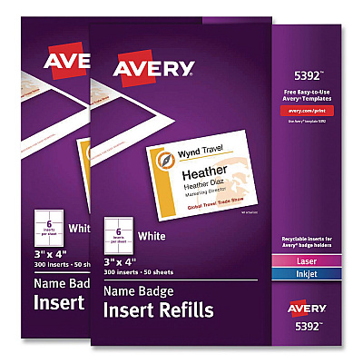 Avery Name Badge Insert Refills, Horizontal, 3 x 4, White, 600/Pack (35392)