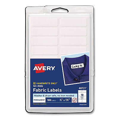 Avery No-Iron Fabric Labels, Handwrite Only, 0.5 x 1.75, White, 18/Sheet, 10 Sheets/Pack (40721)