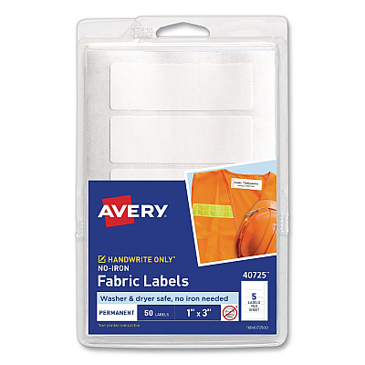 Avery No-Iron Fabric Labels, Handwrite Only, 1 x 3, White, 5/Sheet, 10 Sheets/Pack (40725)