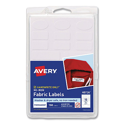 Avery No-Iron Fabric Labels, Handwrite Only, Assorted Shapes and Sizes, White, 15/Sheet, 10 Sheets/Pack (40726)