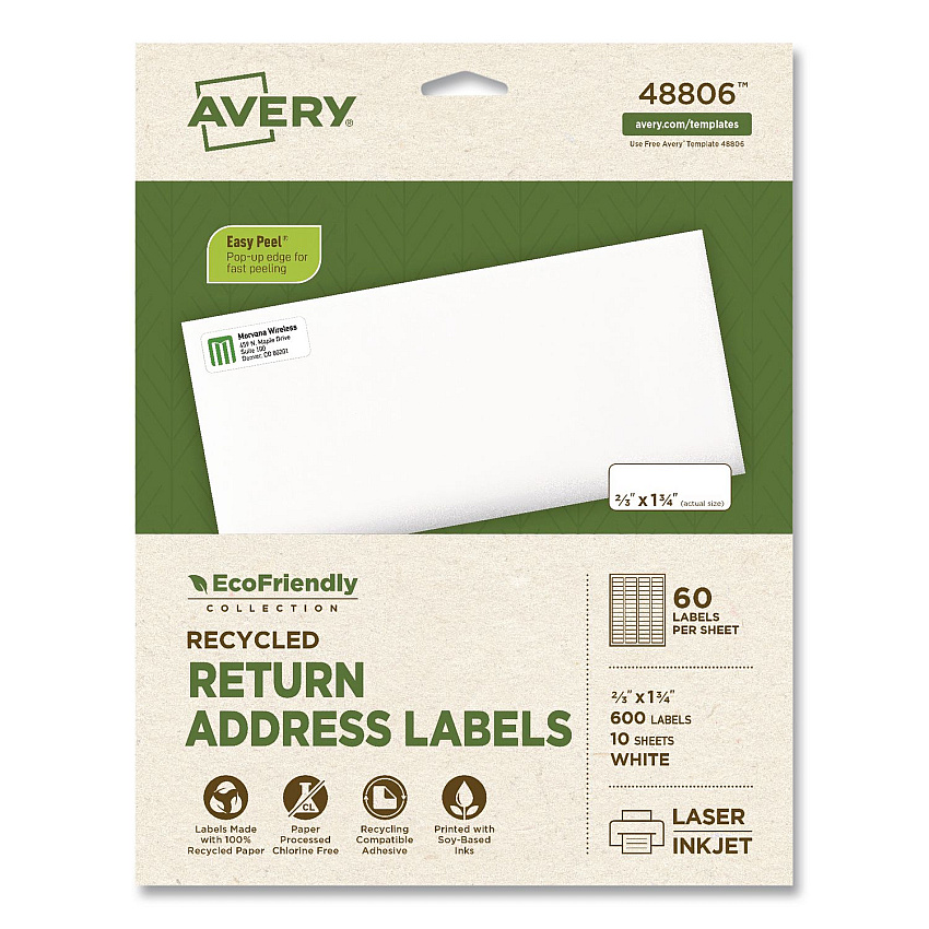Avery EcoFriendly Recycled Return Address Labels, Inkjet/Laser, 0.66 x 1.75, White, 60/Sheet, 10 Sheets/Pack (48806)