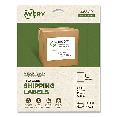 Avery EcoFriendly Recycled Shipping Labels, Inkjet/Laser, 8.5 x 11, White, 1/Sheet, 10/Pack (48809)
