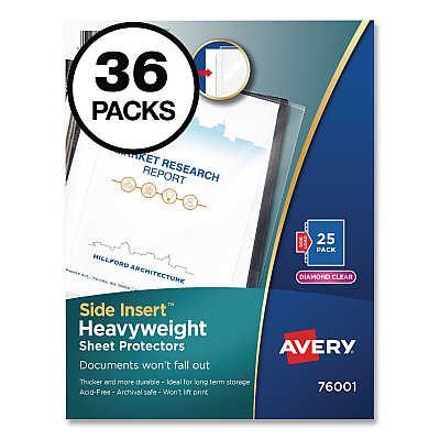 Avery Side-Insert Heavyweight Sheet Protectors, 3-Hole Punched, Side Load, 8.5 x 11, Diamond Clear, 25/Pack, 36 Packs/Carton (76001CT)
