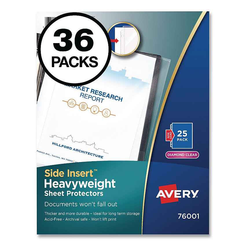 Avery Side-Insert Heavyweight Sheet Protectors, 3-Hole Punched, Side Load, 8.5 x 11, Diamond Clear, 25/Pack, 36 Packs/Carton (76001CT)