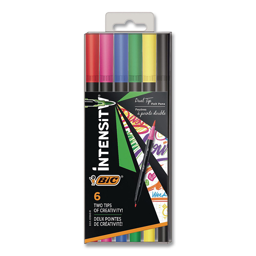 BIC Intensity Fineliner Dual Tip Felt Pen, Stick, Fine 0.7 mm Bullet, Pressure-Sensitive Brush, Assorted Ink/Barrel Colors, 6/PK (FPINDP61AST)