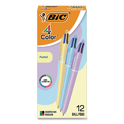 BIC 4-Color Multi-Color Ballpoint Pen, Retractable, Medium 1 mm, Black/Blue/Green/Red Ink, Assorted Pastel Barrel Colors, 12/Box (MMA11AST)