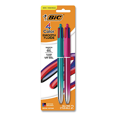BIC 4-Color Smooth Multi-Color Ballpoint Pen, Retractable, Medium 1 mm, Black/Blue/Purple/Red Ink, Assorted Barrel Colors, 2/Pack (MMSGP2AST)