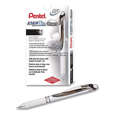 Pentel EnerGel Pearl Deluxe RTX Gel Pen, Retractable, Medium 0.7 mm, Black Ink, Pearl White/Smoke Barrel, Dozen (BL77PWADZ)
